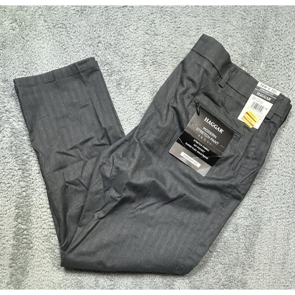 Haggar Pants Mens 38x30 Gray Stretch Super Flex Waist Straight Herringbone NEW